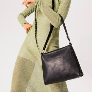 Smooth Black Leather Triangle Shoulder Bag with BlackSuede interior